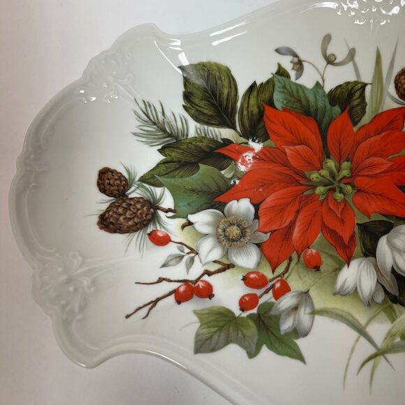 Tirschenreuth Bavaria Platter Tray Plate Fine Porcelain Poinsettia Acorn Floral - Picture 3 of 10